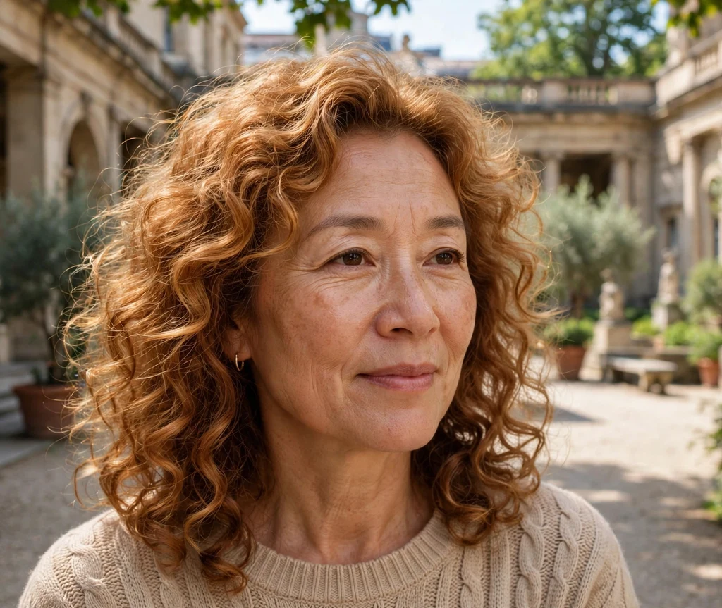 Woman with golden copper curls in a museum courtyard