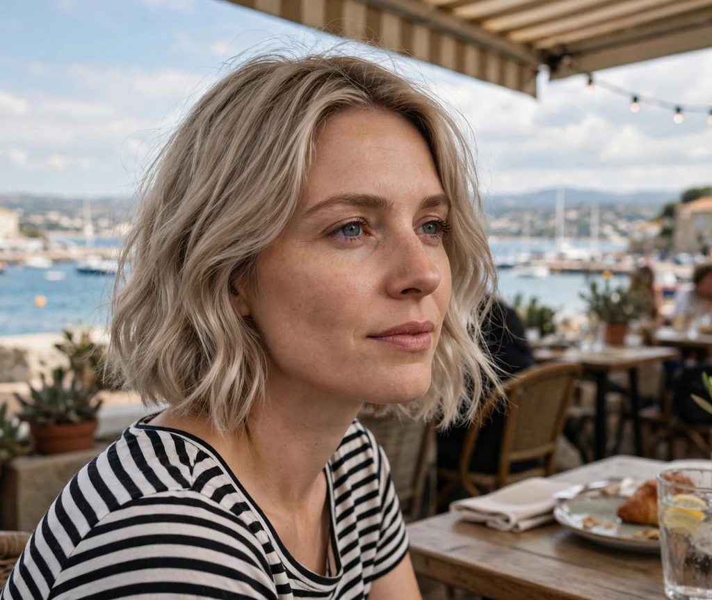 Woman with an ashy mushroom blonde lob at a seaside cafe