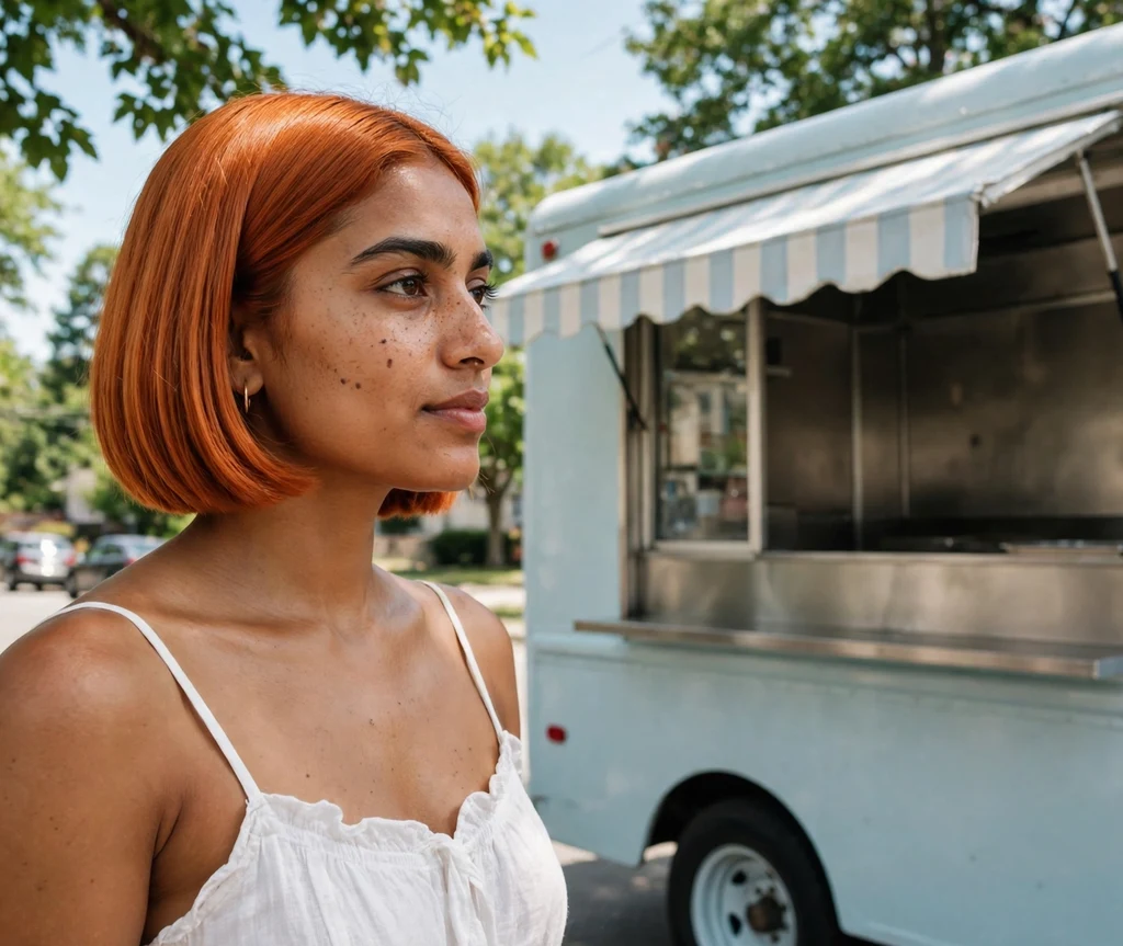 Woman with a bright copper bob by an ice cream truck