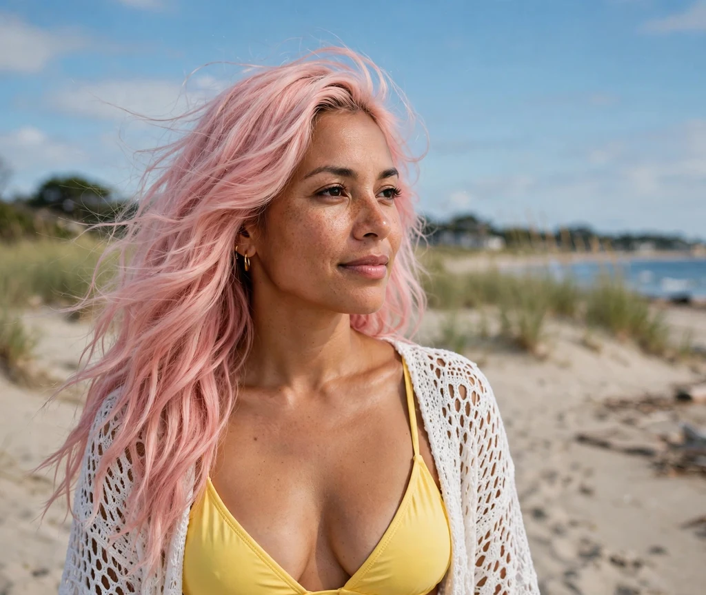 Woman with strawberry milk pink hair on a beach