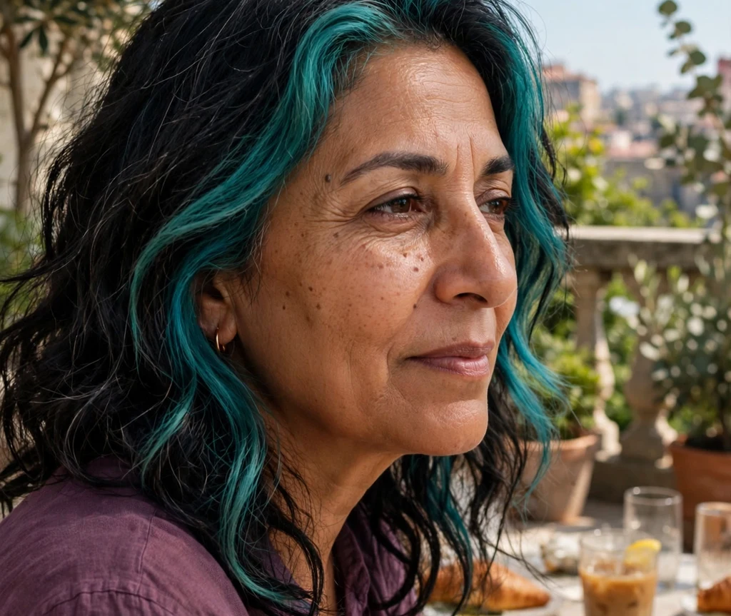 Woman with a tropical teal money piece at a terrace brunch