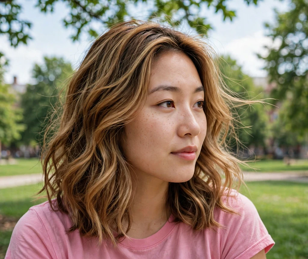 Woman with honey caramel swirl hair on a university campus