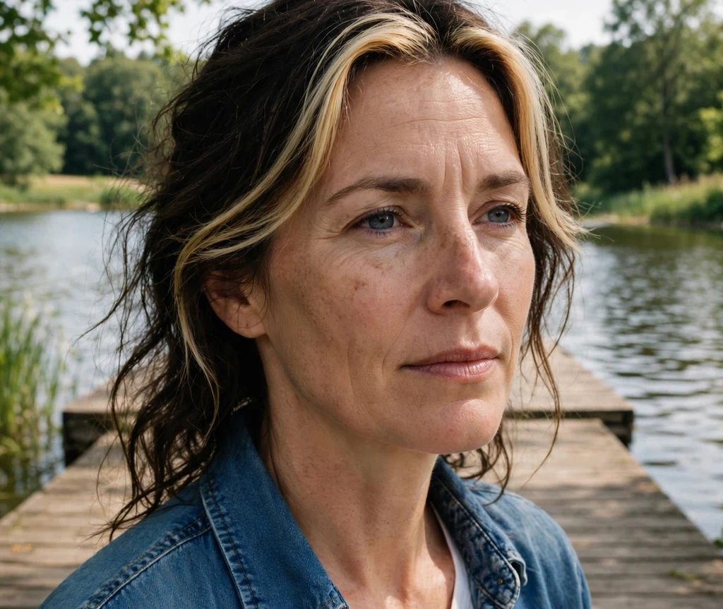 Woman with a sunbeam blonde face frame on a lake dock