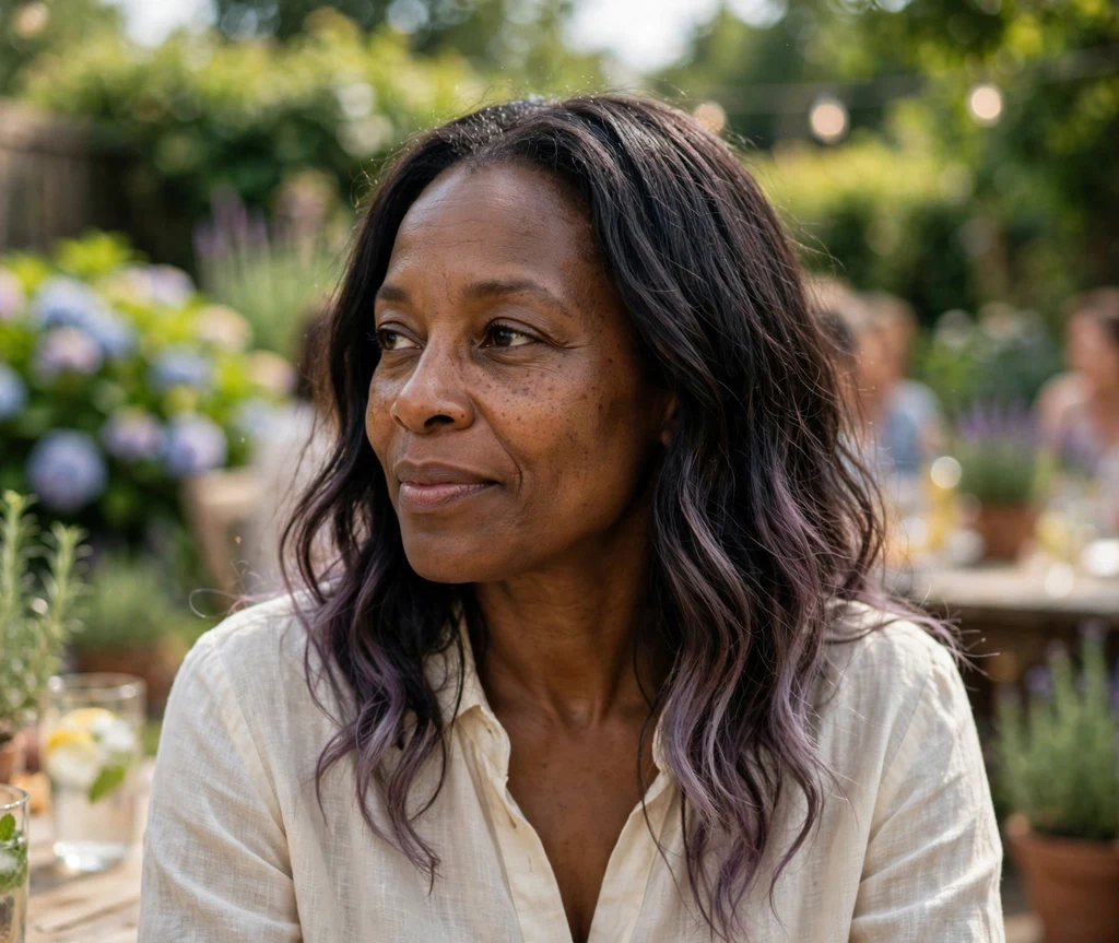 Woman with muted lilac tips at a garden party