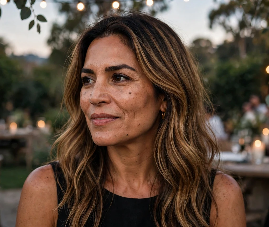 Woman with warm toffee balayage at a summer evening event
