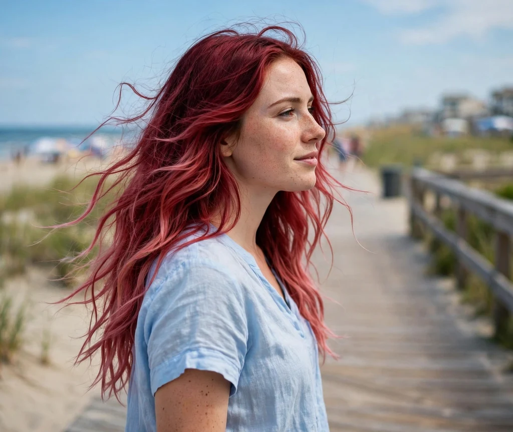Woman with raspberry red ombre hair on a beach boardwalk