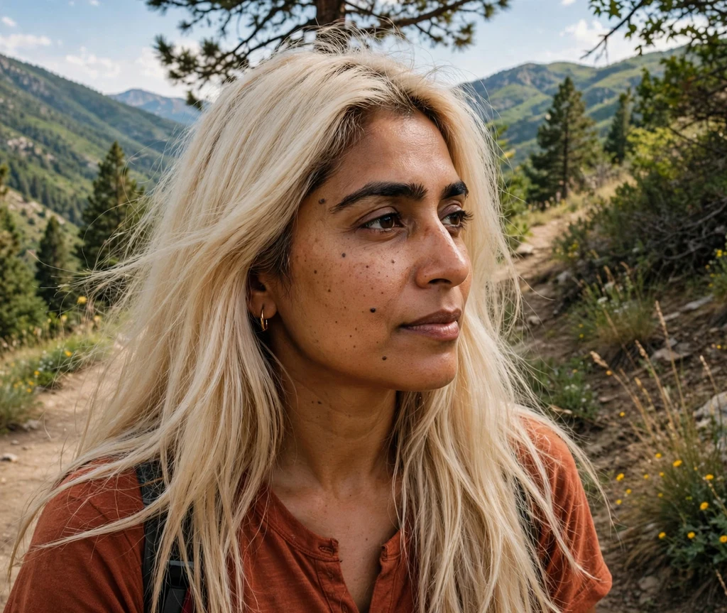 Woman with vanilla cream blonde hair on a summer hiking trail