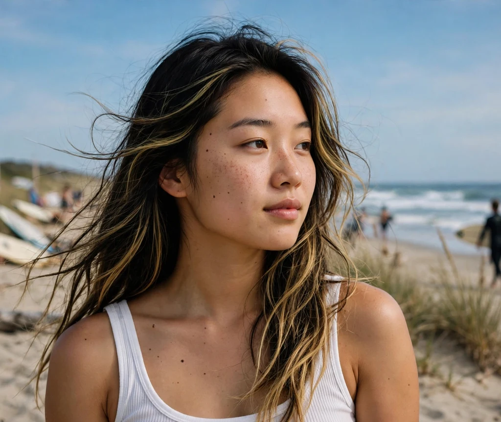Woman with golden highlights on dark hair at a surf beach