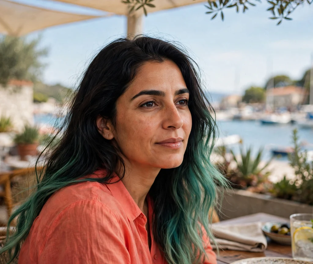 Woman with seafoam green ends at a seaside restaurant