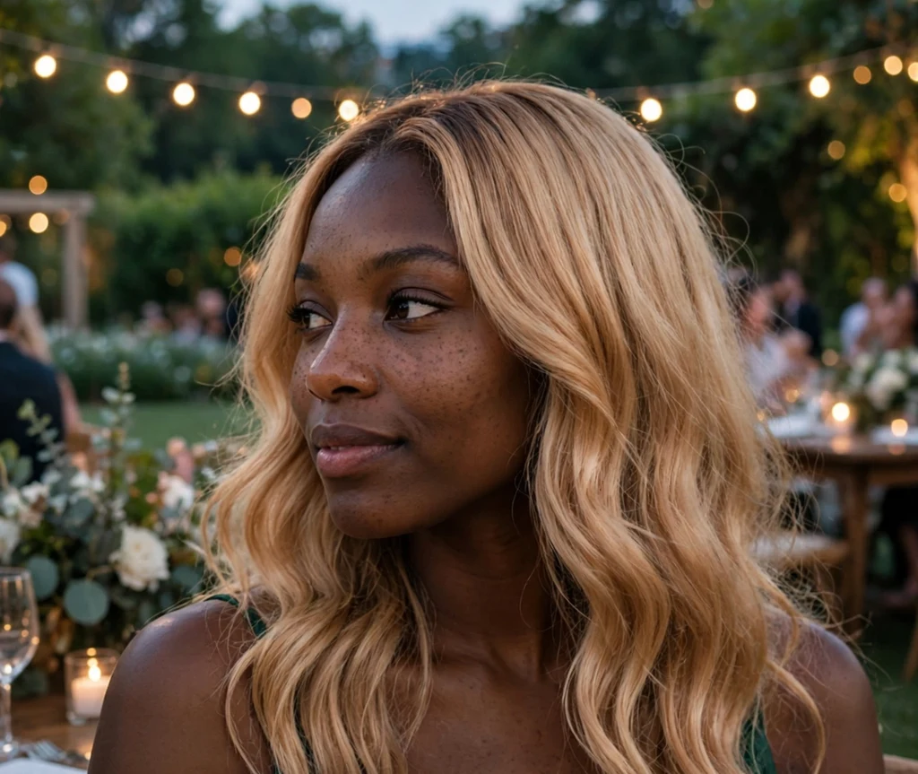 Woman with apricot blonde glow hair at a summer gala
