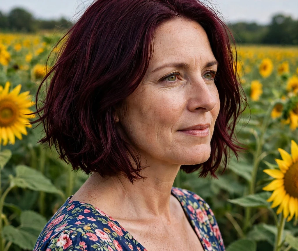 Woman with deep burgundy wine hair in a sunflower field