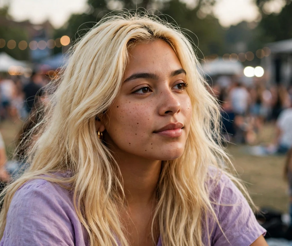 Woman with butter yellow blonde hair at a summer concert
