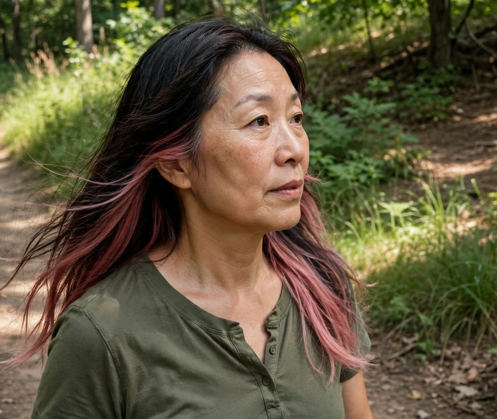 Woman with rose pink underlights on a summer trail