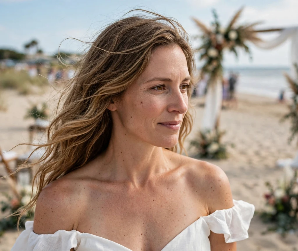 Woman with sun-touched light brown hair at a beach wedding