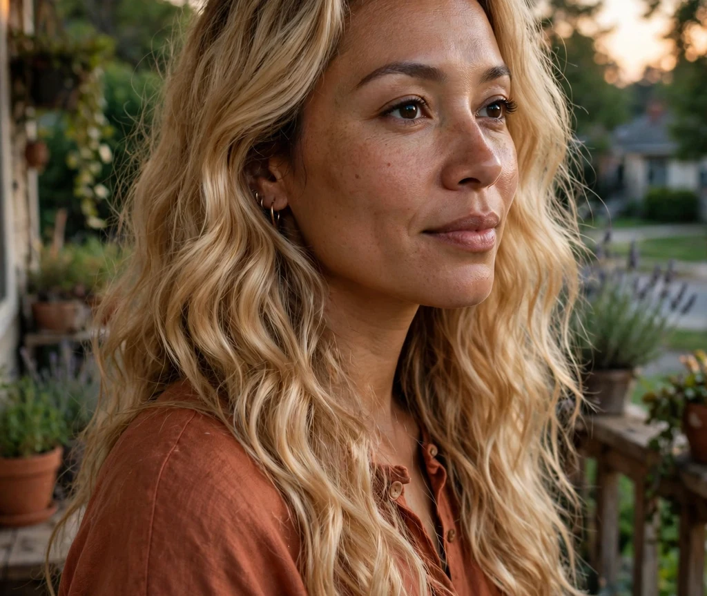 Woman with golden champagne blonde hair on a porch in summer evening light