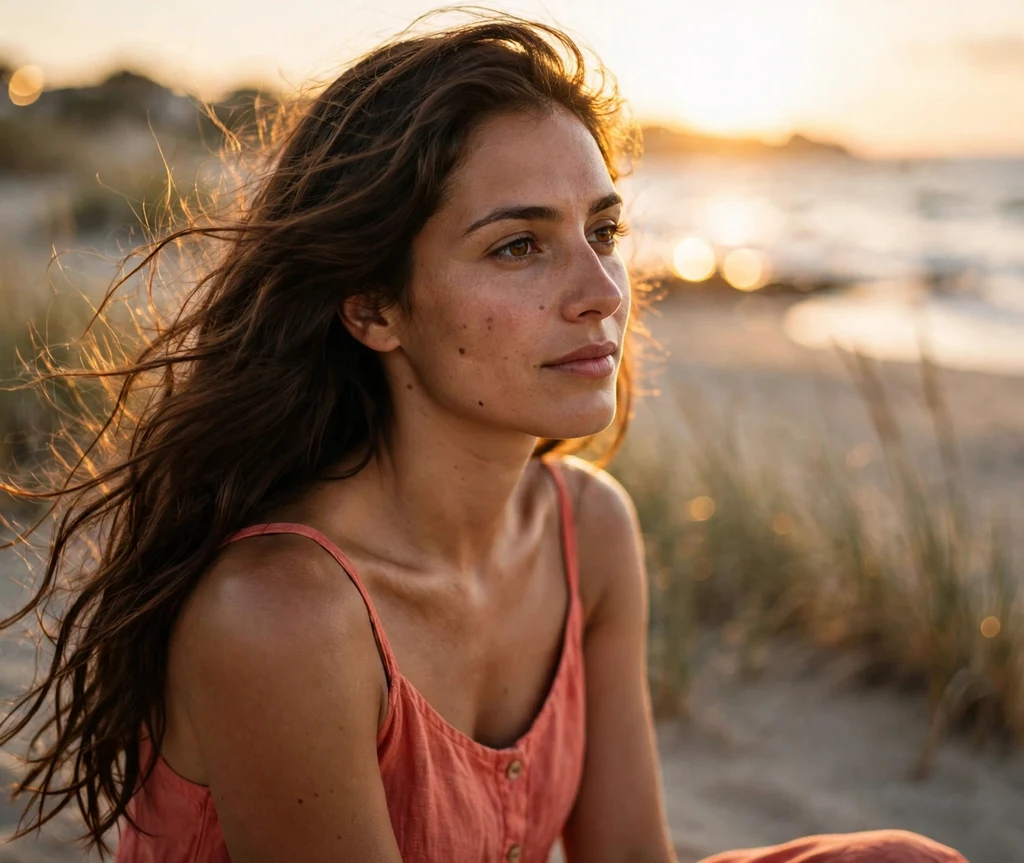Golden-hour beach waves on long dark brown hair, coral sundress, beach bokeh