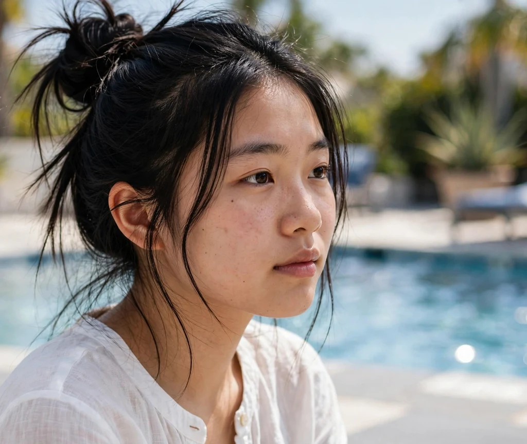 Effortless messy bun on black hair, white linen top, poolside