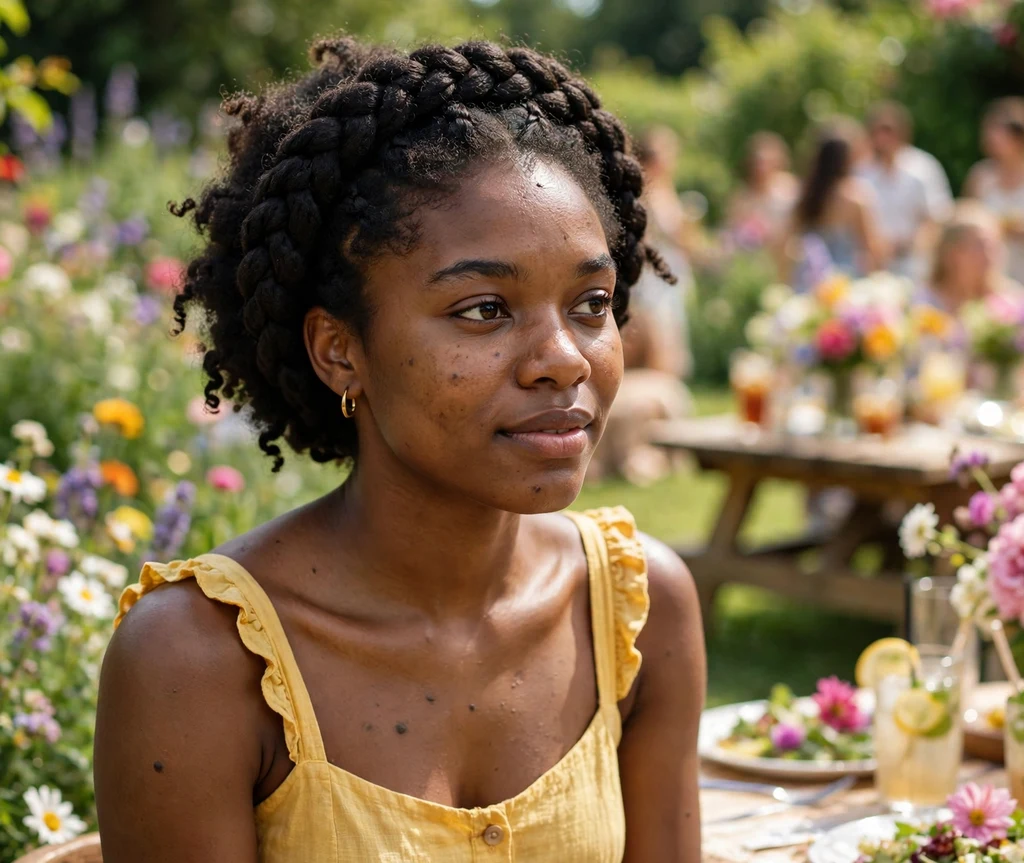 Braided crown on natural coily hair, yellow sundress, garden party