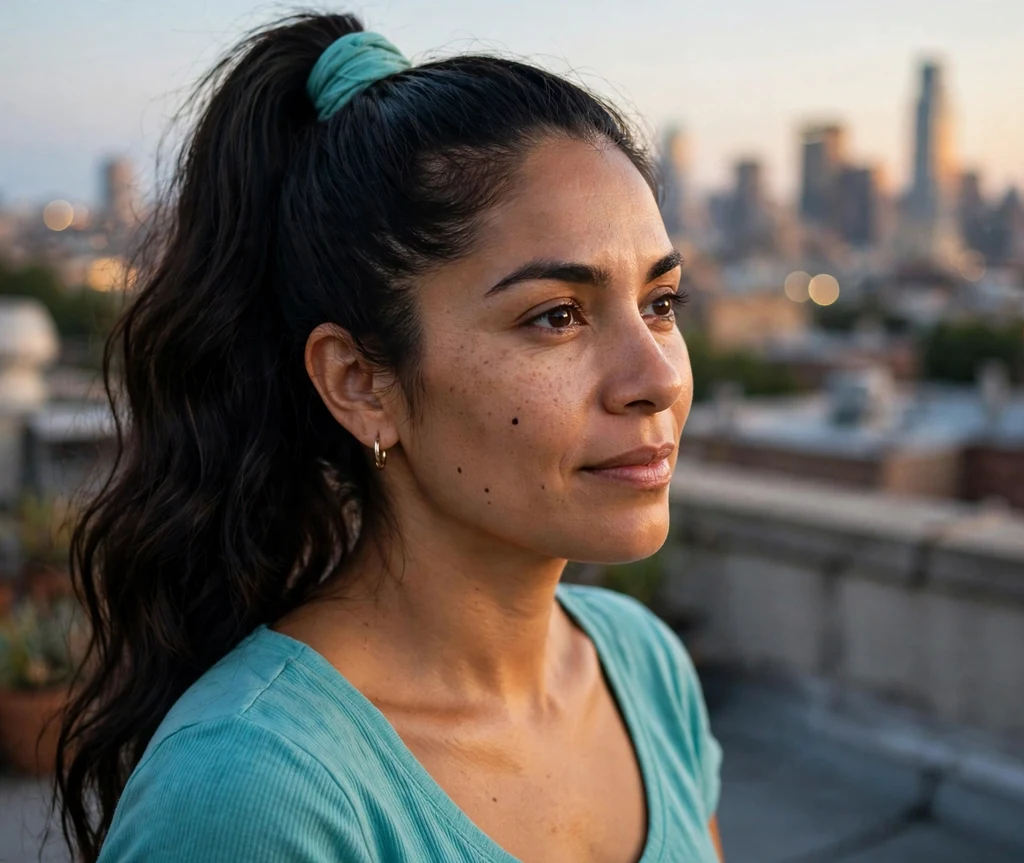 High sleek ponytail with wrapped base on long dark wavy hair, turquoise top, city rooftop