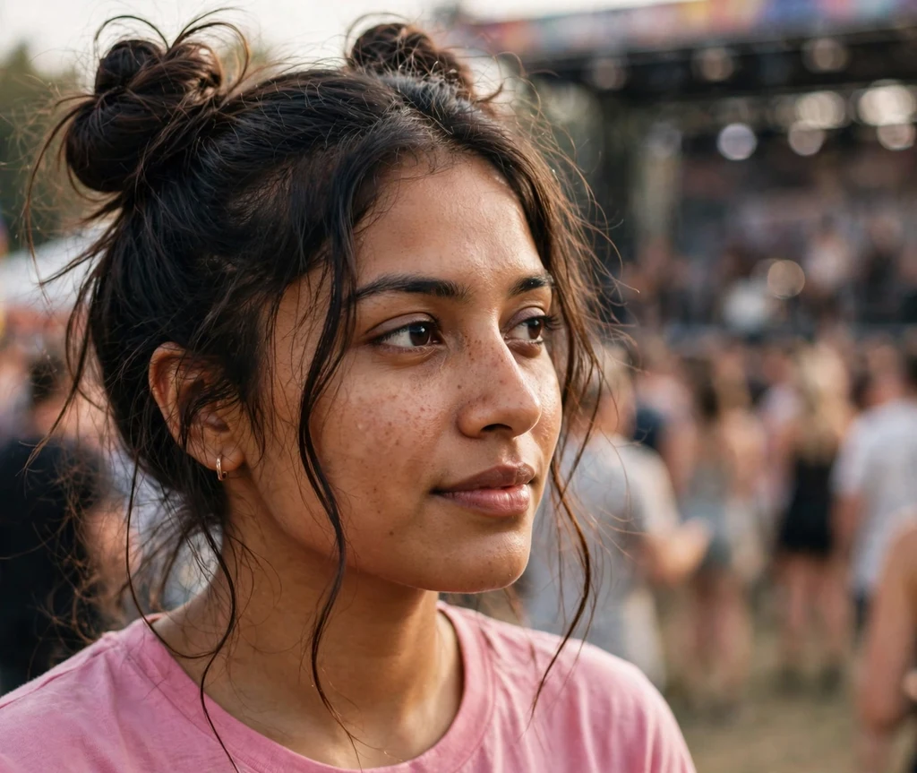 Double space buns with tendrils on dark hair, pink tee, music festival