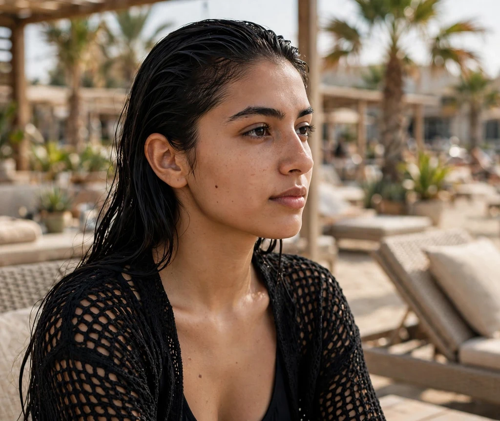 Wet-look slicked-back dark hair, black cover-up, beach club