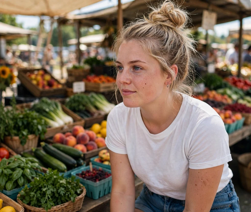 Textured top knot on blonde hair, denim shorts and white top, farmers market