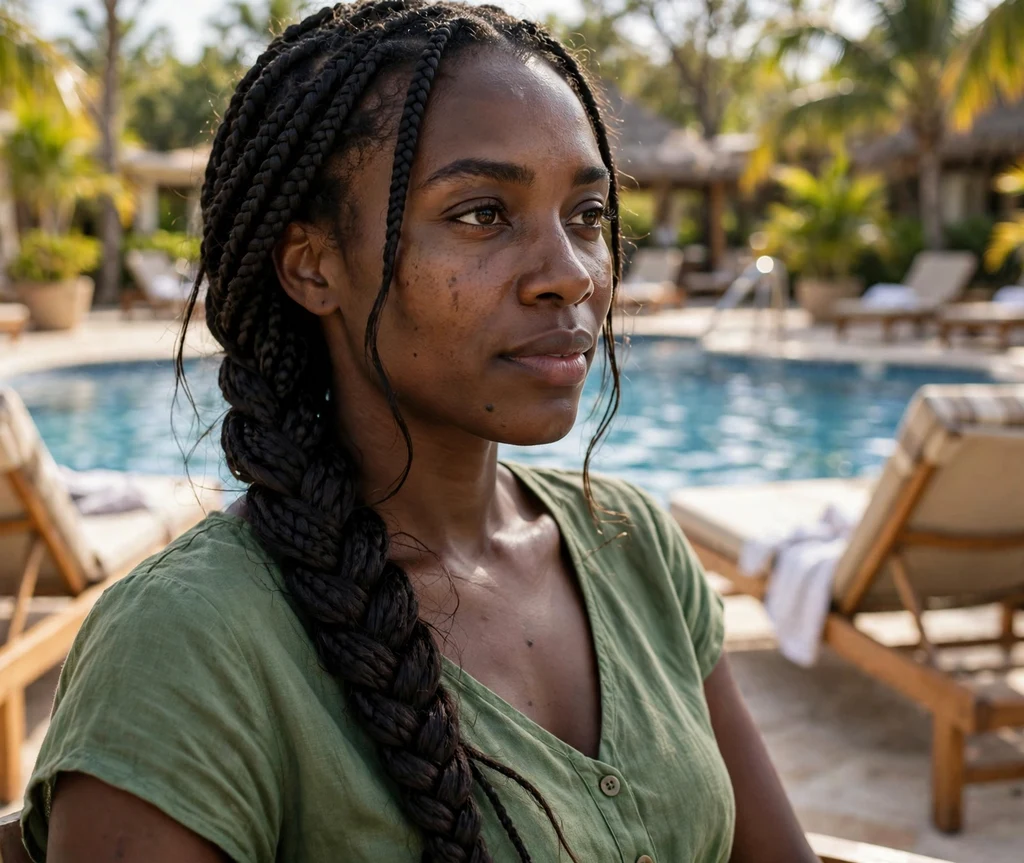 Fishtail side braid in long box braids, green dress, resort pool