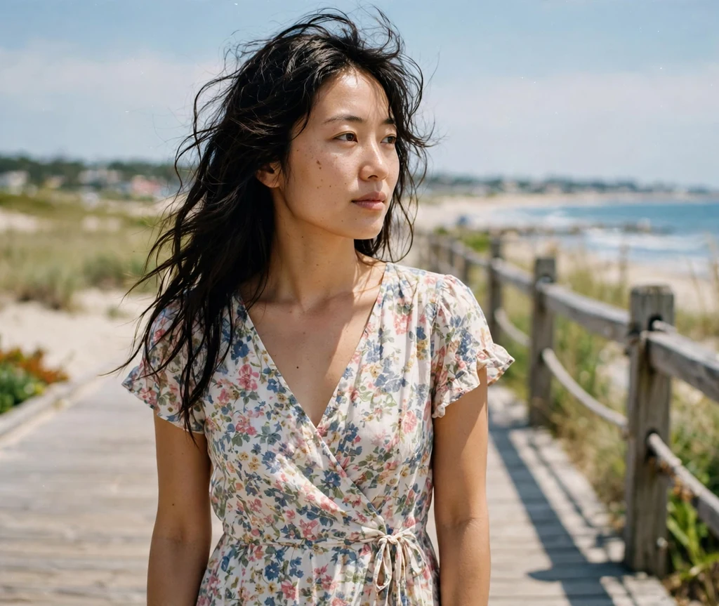 Tousled beach waves on long dark hair, floral dress, seaside boardwalk