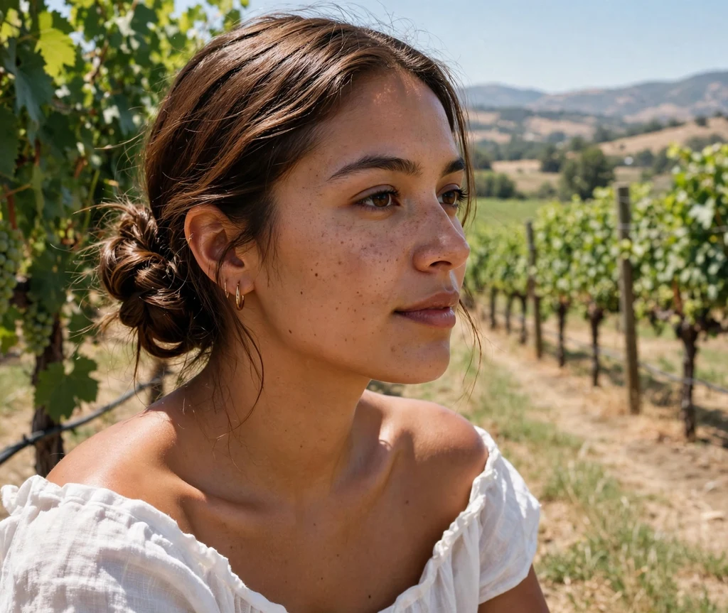 Low twisted chignon on brown hair, white off-shoulder top, vineyard