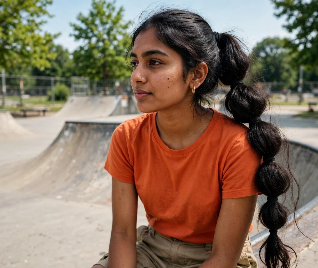 Bubble ponytail with puffy sections on very long dark hair, orange top, skate park