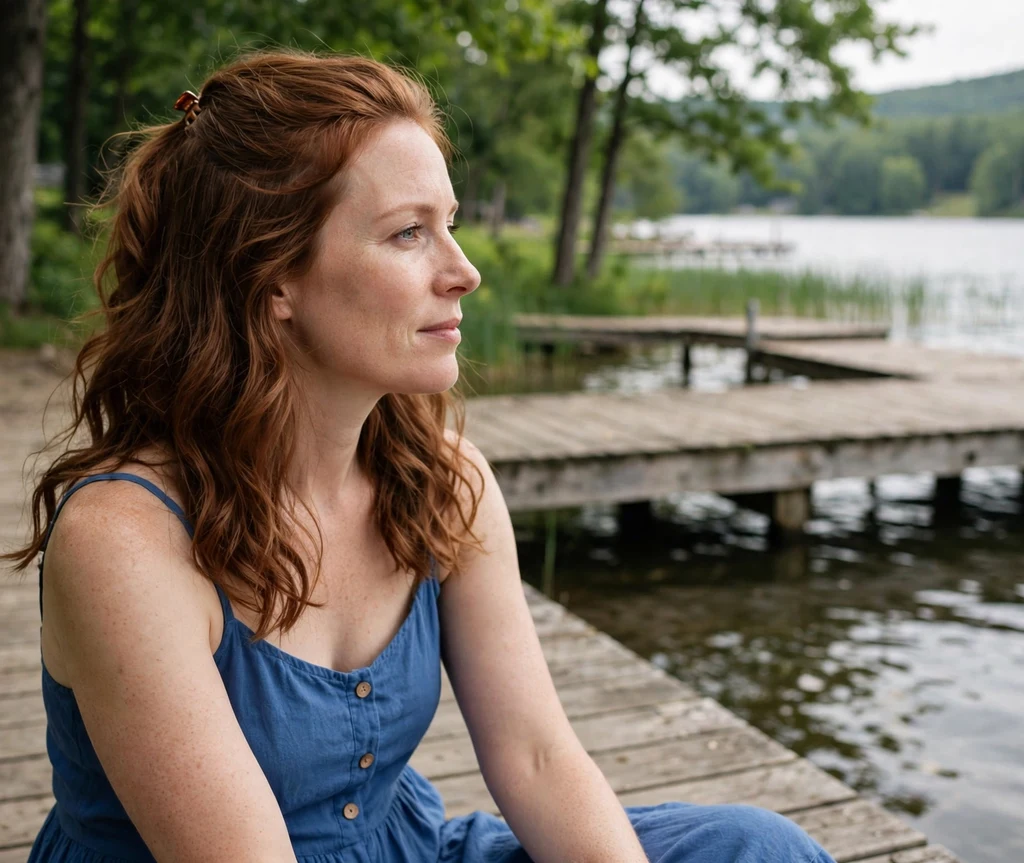 Half-up half-down soft waves on auburn hair, blue sundress, lakeside dock