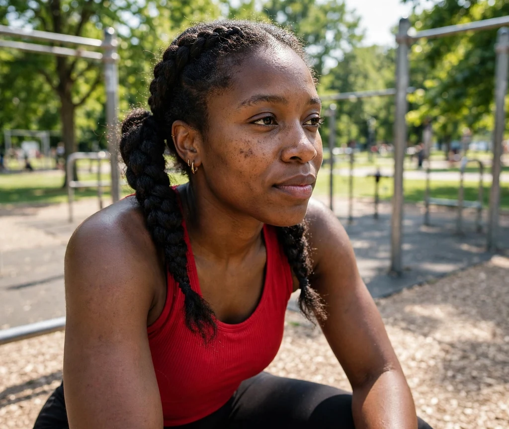 Dutch braid pigtails on natural hair, red athletic top, park