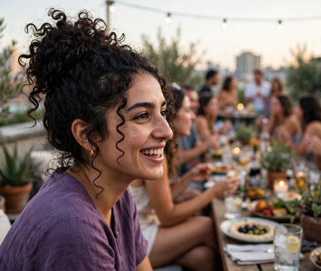 Pineapple curly updo piled high on dark curly hair, purple top, rooftop party