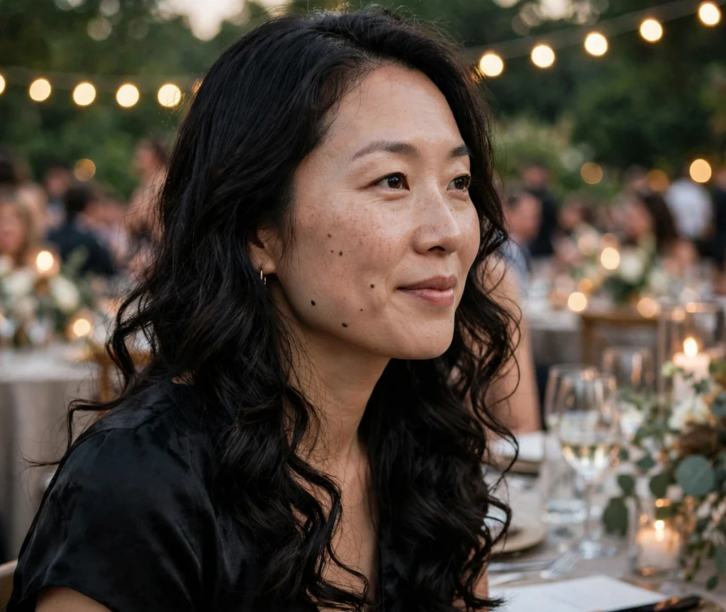Side-swept loose curls over one shoulder on dark hair, black evening top, summer gala