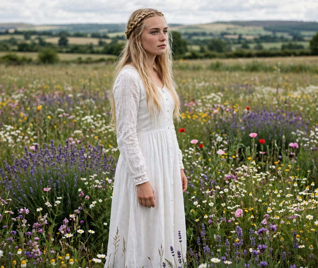 Boho braided headband on blonde hair, white maxi dress, flower field
