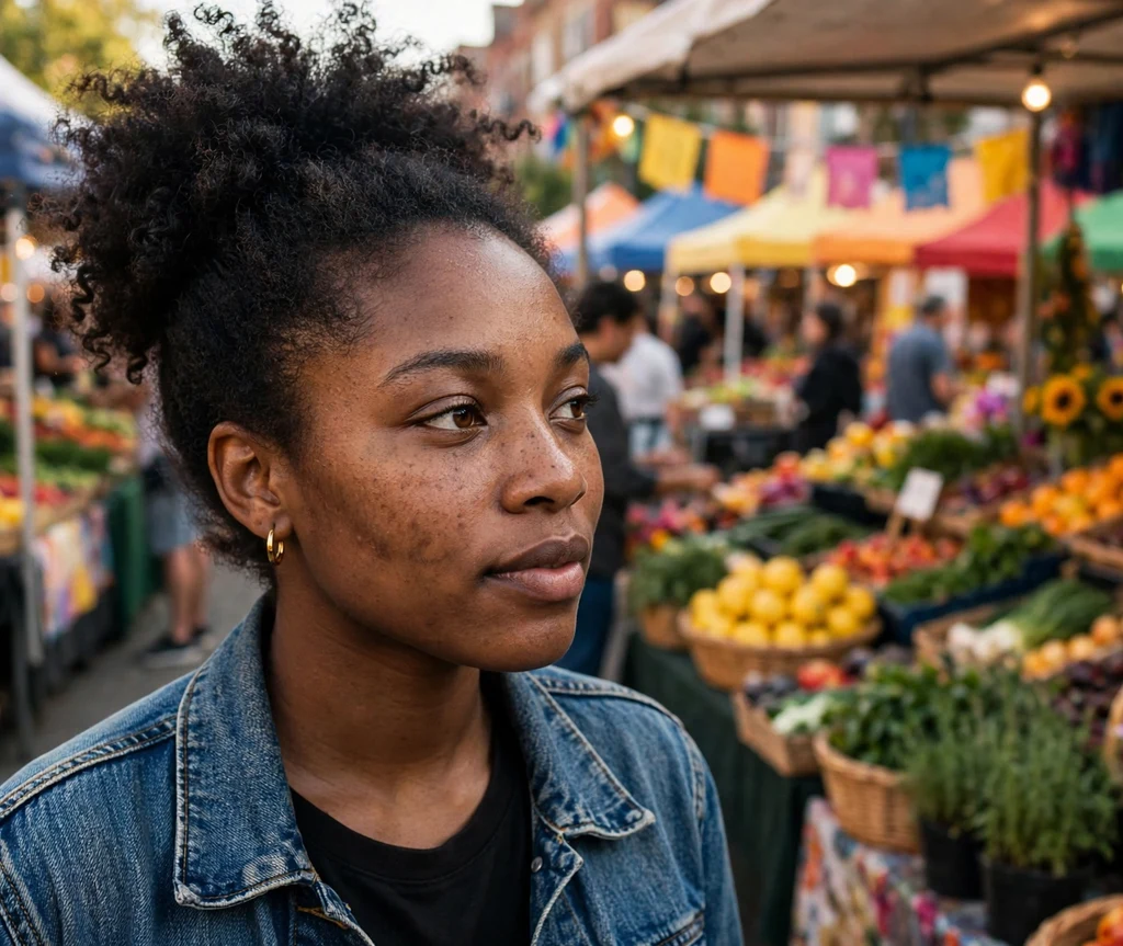 High curly puff on natural hair, denim jacket, street festival