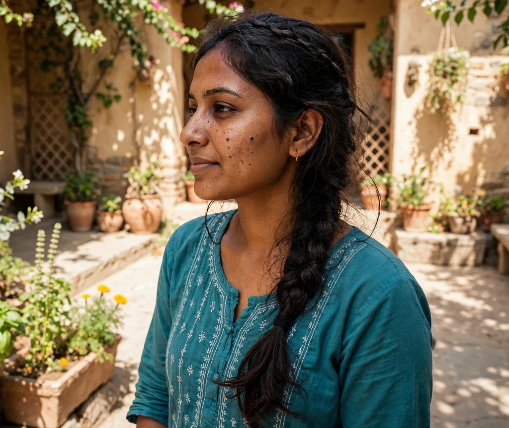 Loose French braid on dark hair, teal kurta, sunlit courtyard