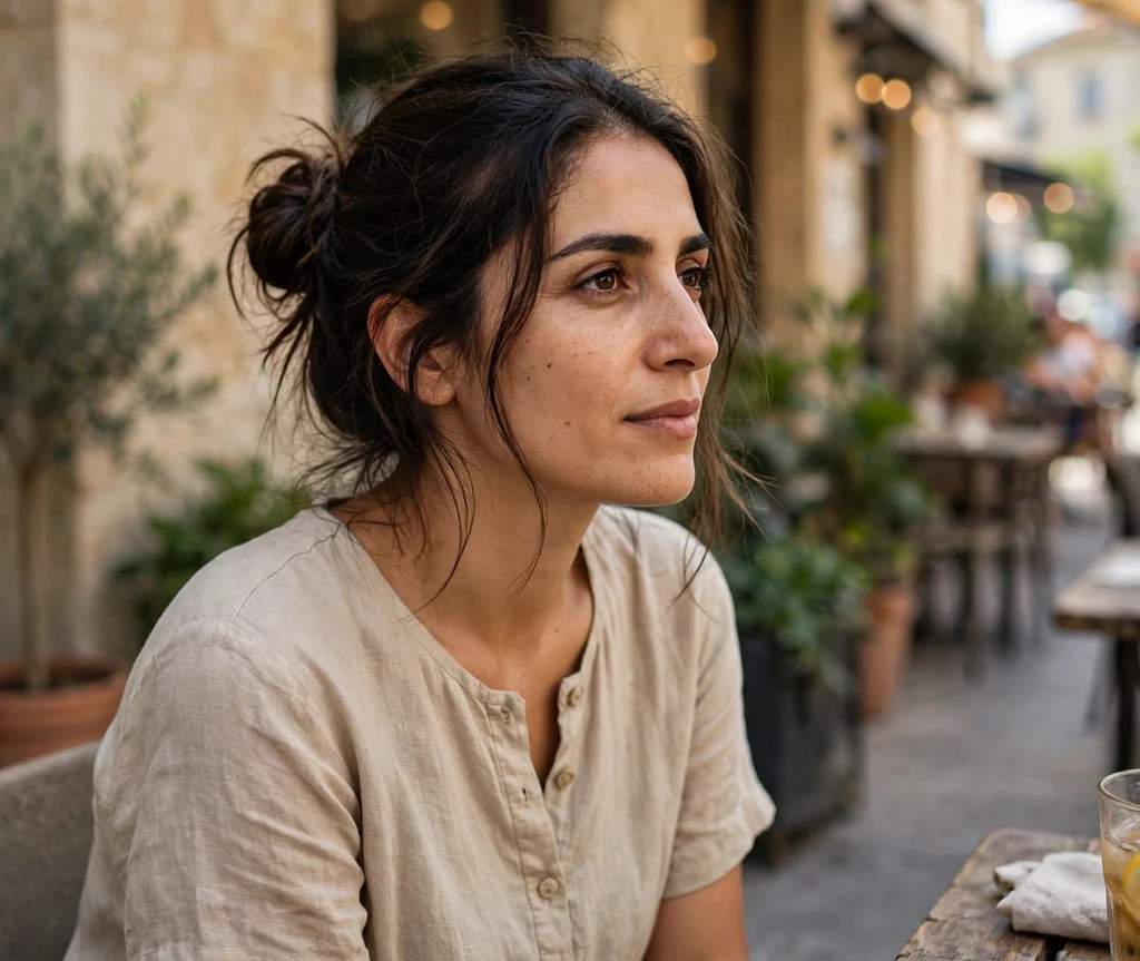Messy side bun on dark hair, beige linen dress, café terrace