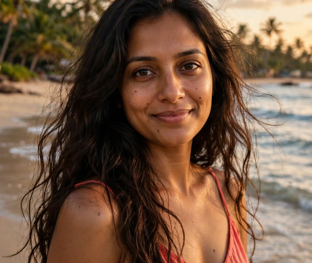 Woman with long beach waves in a coral sundress on a tropical beach