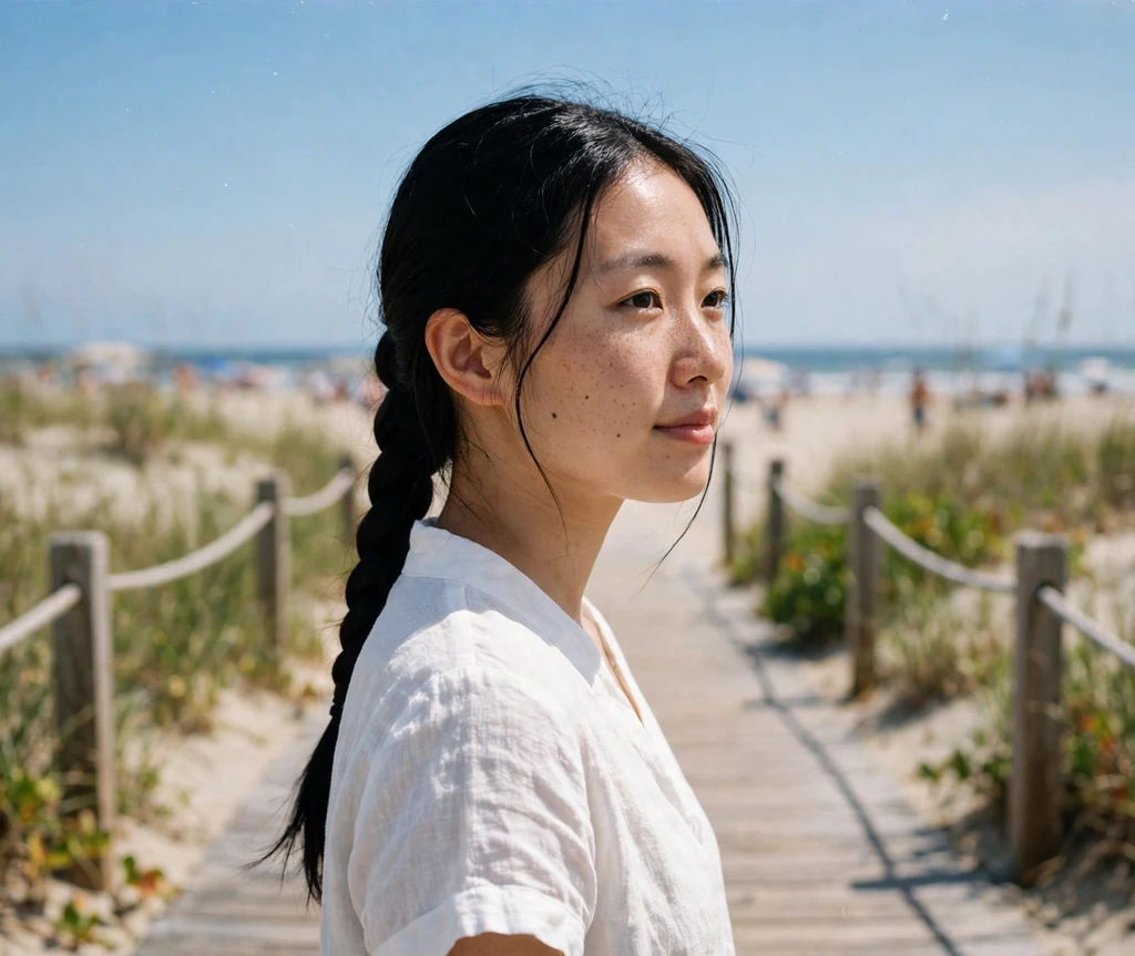 Woman with a classic French braid on a beach boardwalk