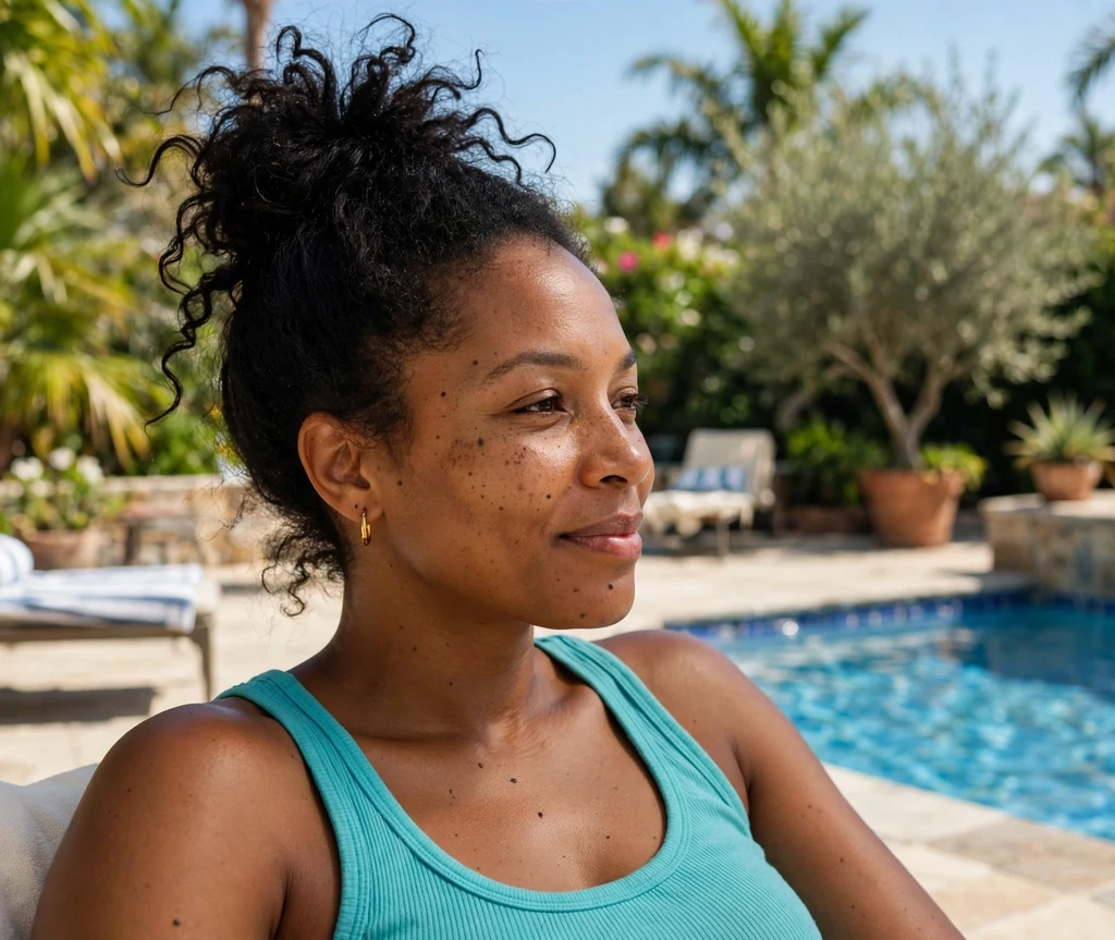 Woman with a high messy top knot poolside
