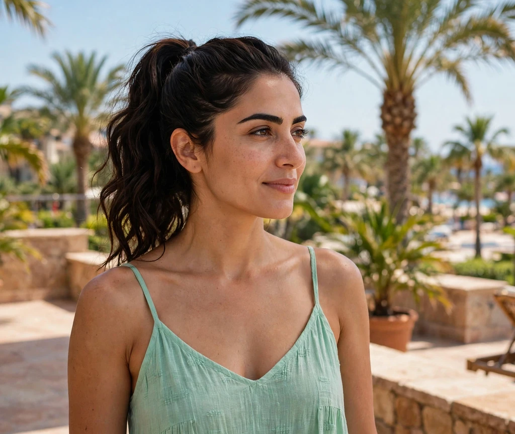 Woman with a sleek high ponytail on a resort terrace