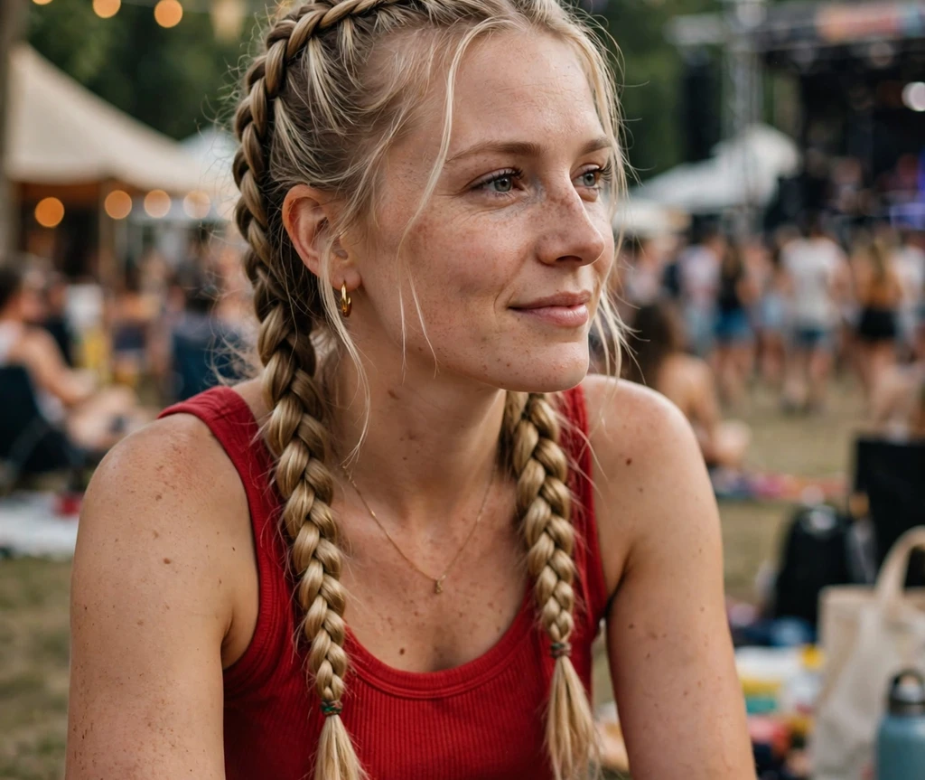 Woman with double Dutch braids at a music festival