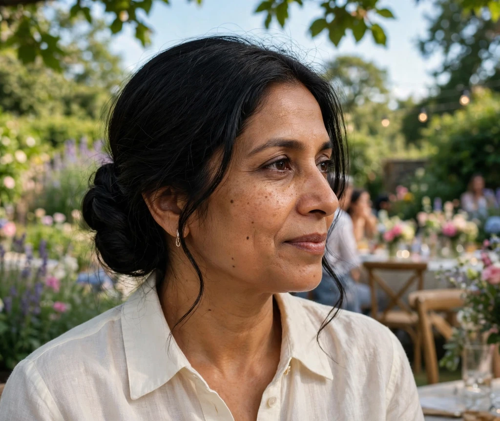 Woman with an elegant low chignon at a garden party