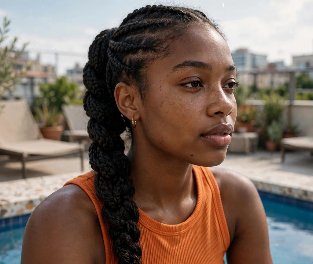 Woman with a fishtail braid on a rooftop pool deck