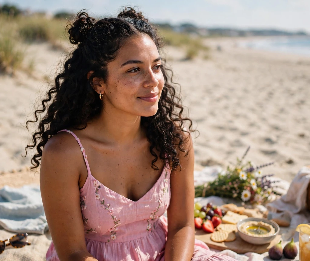 Woman with half-up space buns at a beach picnic