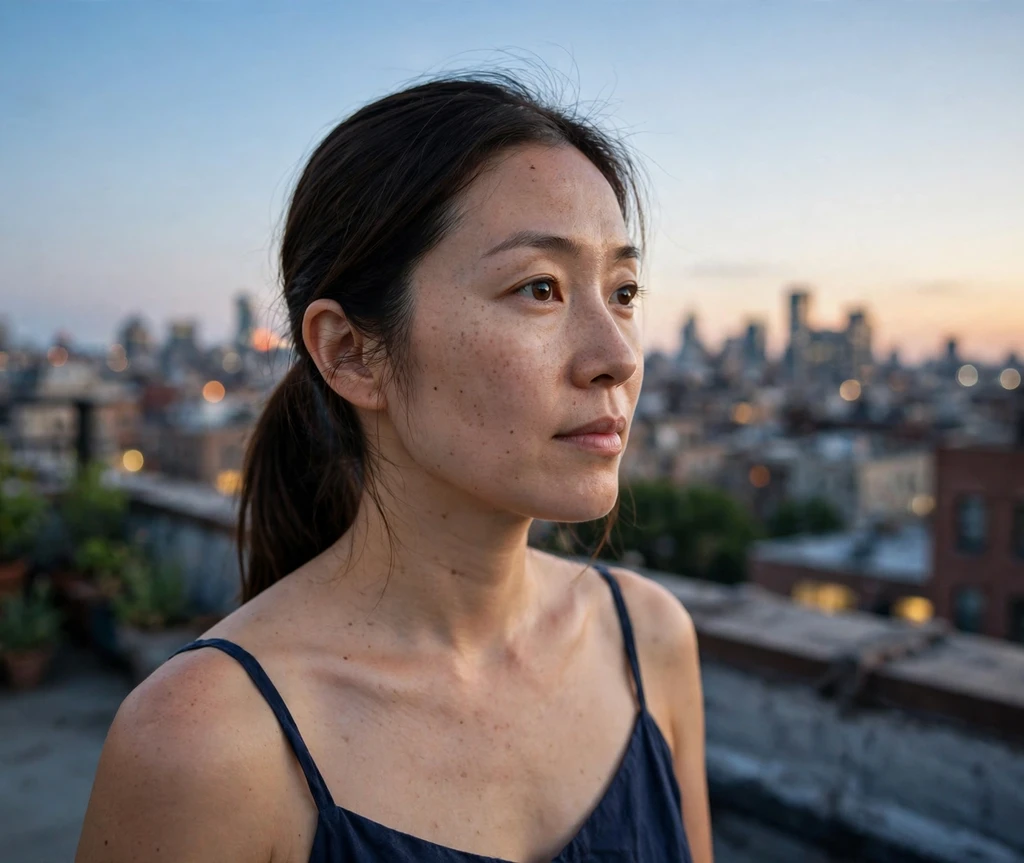 Woman with a sleek low ponytail on a city rooftop