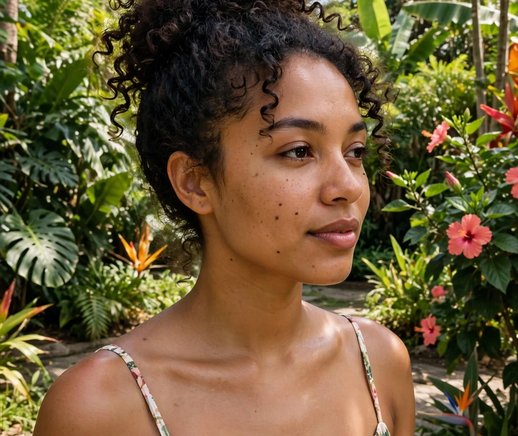 Woman with a high pineapple updo in a tropical garden