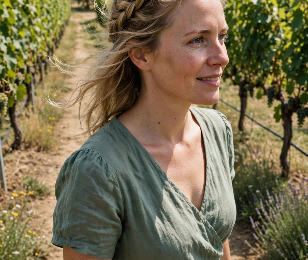 Woman with a braided crown in a vineyard