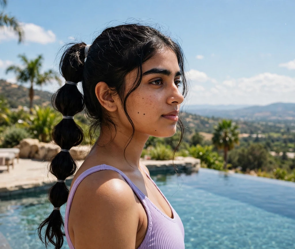 Woman with a bubble ponytail by an infinity pool